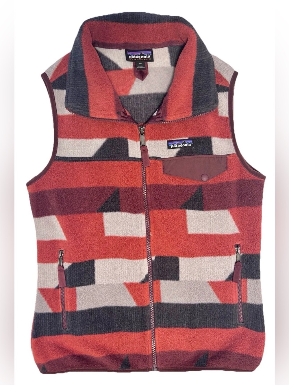 Patagonia Geo-Print Fleece Vest in Rust, Gray & Black